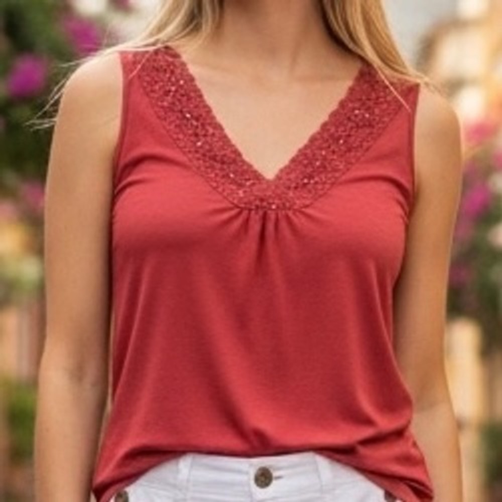 Emma James Petite V Neck Lace Trim Tank Top Women's LG Y2K Fairy Boho Cottagecor